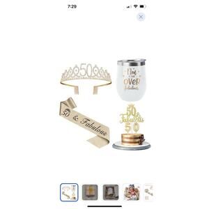 50th Birthday Gifts, 12oz Tumbler, Birthday Crown, Sash, Cake Topper and Candles